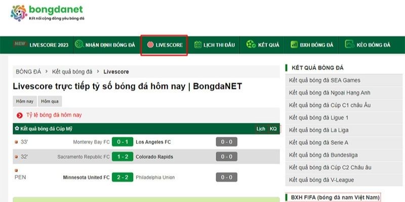 Chọn mục cần tra cứu tại trang web Bongdanet